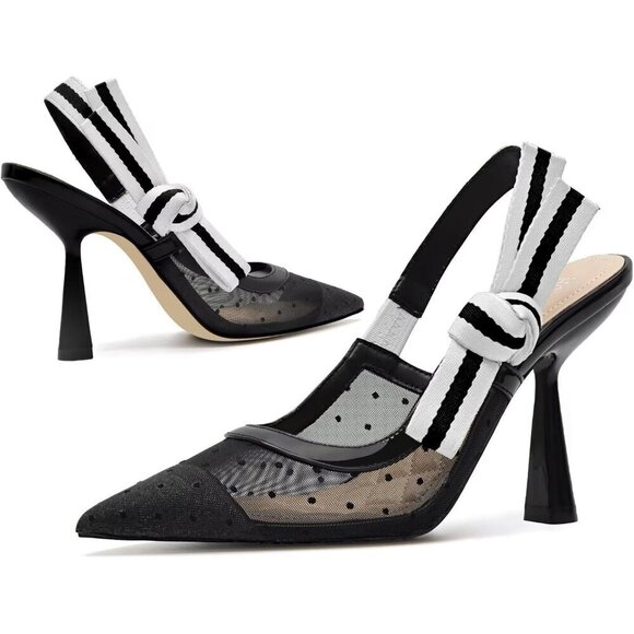 🆕Women Black Heels Pointed Toe High Heels Bowknot Knitted Dress Pumps Shoes - Picture 3 of 7